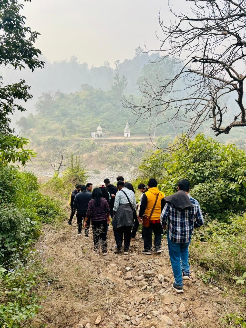 Group trekking with temple view, Thapli, Panchkula